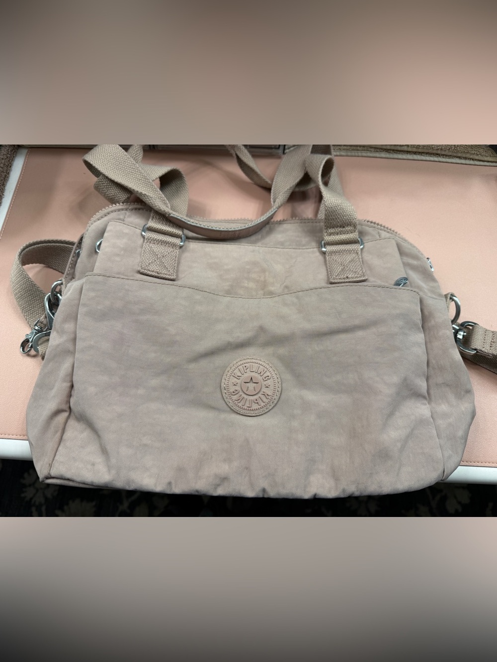 Kipling Light pink Canvas Tote with Logo Patch